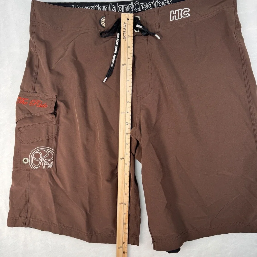 Hawaiian Island Creations HIC Brown Board Shorts Men's 36 Surf Swim Trunks Y2K